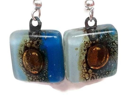 Blue and Brown Small Square Fused Glass Earrings. Recycled Glass Drop Earrings. Dangle Earrings