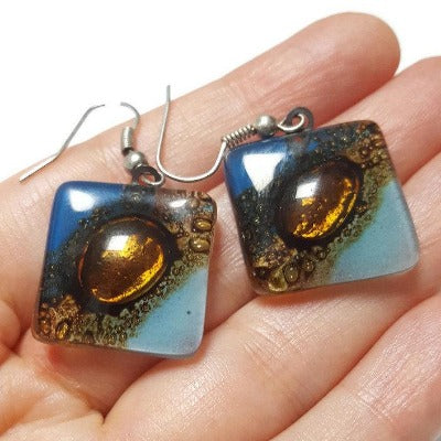 Blue, Baby Blue and Brown fused Glass Earrings. Recycled Glass dangle Earrings. Drop Earrings