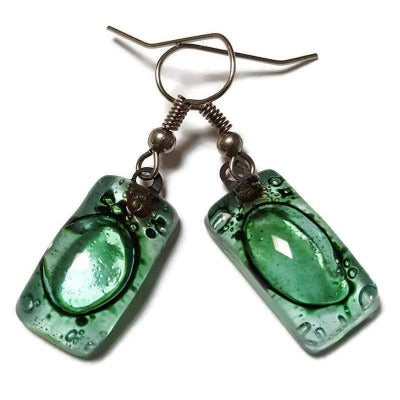 Small Green Earrings, Recycled Glass. Fused glass Jewelry. Handmade One of a Kind!