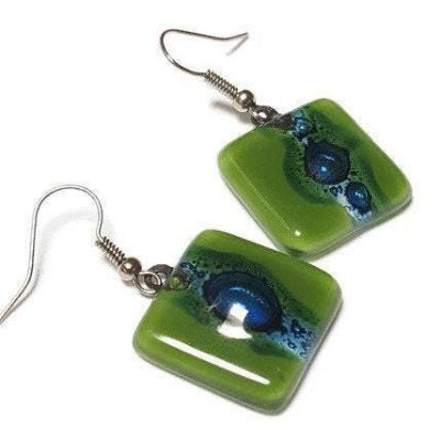 Blue and Green Recycled fused glass square Earrings