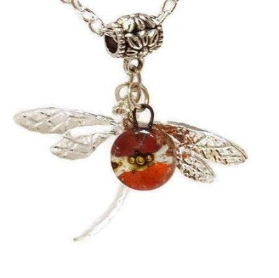 Dragonfly necklace. Recycled fused glass Red, orange and Brown bead.