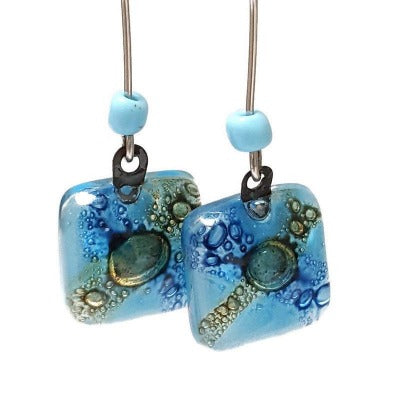 Long baby blue and Brown Recycled Fused glass fun casual earrings. Glass handcrafted beads. Great gifts for her.