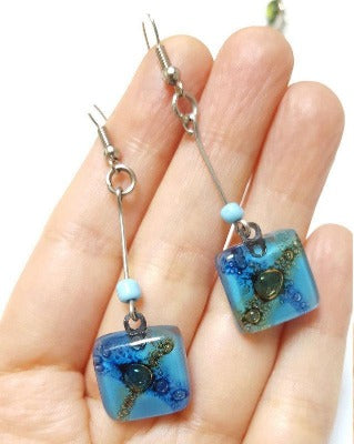 Long baby blue and Brown Recycled Fused glass fun casual earrings. Glass handcrafted beads. Great gifts for her.