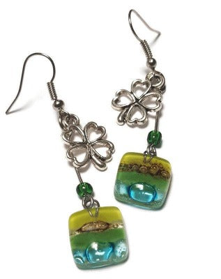 Green Shamrock Recycled Glass Dangle Earrings. Handcrafted fused beads. Long flower drops. Awesome gift. Women casual Jewelry