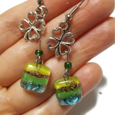 Green Shamrock Recycled Glass Dangle Earrings. Handcrafted fused beads. Long flower drops. Awesome gift. Women casual Jewelry