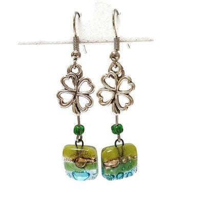 Green Shamrock Recycled Glass Dangle Earrings. Handcrafted fused beads. Long flower drops. Awesome gift. Women casual Jewelry