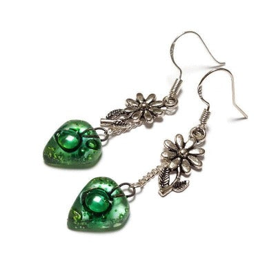 Flower Green Recycled Glass Dangle Earrings. Handcrafted fused heart beads. Long sunflower drops. Best gift! Casual jewelry