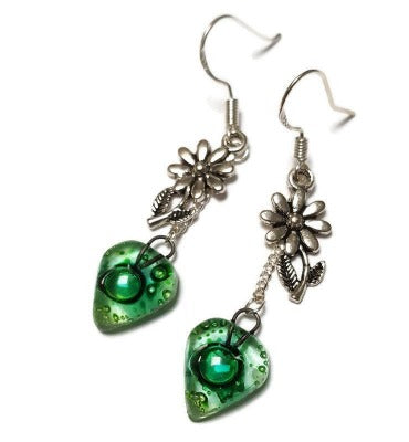 Flower Green Recycled Glass Dangle Earrings. Handcrafted fused heart beads. Long sunflower drops. Best gift! Casual jewelry