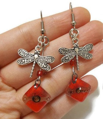 Dragonfly Recycled Glass Dangle Earrings. Handcrafted fused beads. Long Red and brown drops. Best gift!