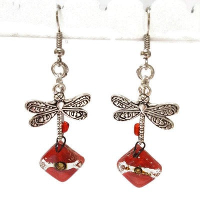 Dragonfly Recycled Glass Dangle Earrings. Handcrafted fused beads. Long Red and brown drops. Best gift!