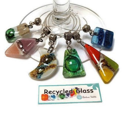 Wine Charms. Set of 6 Six wine charm glass decor. Drink identifier.  Color fun recycled glass bead charms party decor.