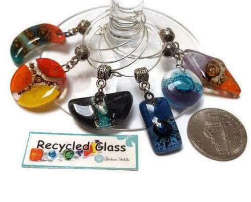 Wine Charms. Set of 6 Six wine charm glass decor. Drink identifier.  Color fun recycled glass bead charms party decor.