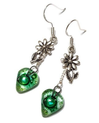 Flower Green Recycled Glass Dangle Earrings. Handcrafted fused heart beads. Long sunflower drops. Best gift! Casual jewelry