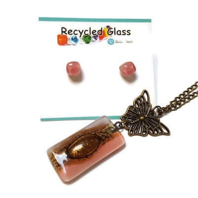 Set Butterfly pink recycled glass long necklace and small glass studs. Butterfly Handmade fused glass pendant and earrings