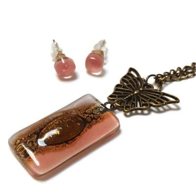 Set Butterfly pink recycled glass long necklace and small glass studs. Butterfly Handmade fused glass pendant and earrings