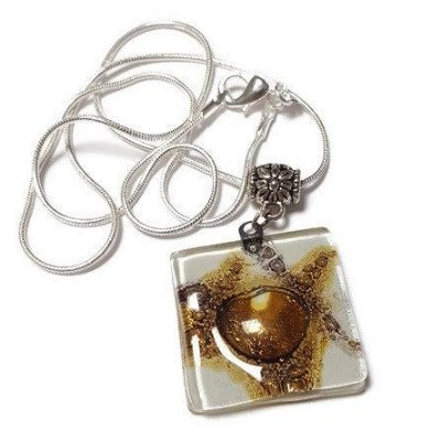 White, Brown and Purply Fused Glass pendant with lots of Bubble! Perfect Necklace, Easy to Match!