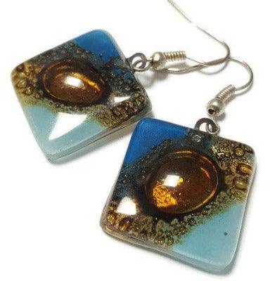 Blue, Baby Blue and Brown fused Glass Earrings. Recycled Glass dangle Earrings. Drop Earrings