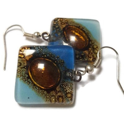 Blue, Baby Blue and Brown fused Glass Earrings. Recycled Glass dangle Earrings. Drop Earrings