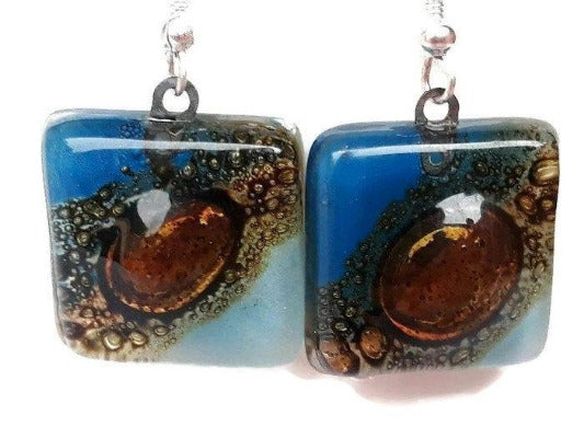 Blue, Baby Blue and Brown fused Glass Earrings. Recycled Glass dangle Earrings. Drop Earrings