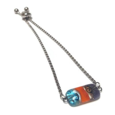 Minimalist, Dainty, Pull Tie bracelet. Adjustable slider bracelet with recycled glass charm. Stainless Steel colorful Sliding easy to wear.