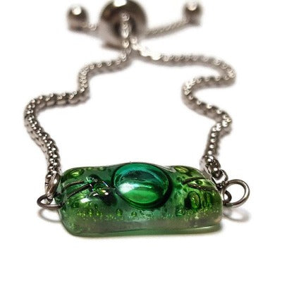 Green Stainless Steel Box Chain Slider Bracelet. Minimalist, Dainty, Pull Tie bracelet. Adjustable slider bracelet with recycled glass charm