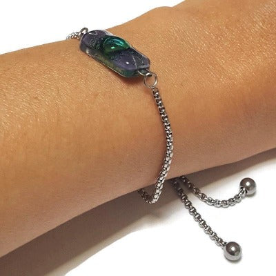 Purple and green Minimalist, Dainty, Pull Tie bracelet. Adjustable slider bracelet with recycled glass charm. Great gift for her.