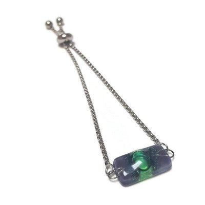 Purple and green Minimalist, Dainty, Pull Tie bracelet. Adjustable slider bracelet with recycled glass charm. Great gift for her.