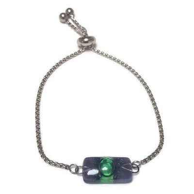 Purple and green Minimalist, Dainty, Pull Tie bracelet. Adjustable slider bracelet with recycled glass charm. Great gift for her.