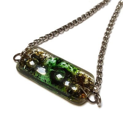 Minimalist, Dainty, Pull Tie bracelet. Adjustable slider bracelet with recycled glass charm. Stainless Steel. Organic brown green color.