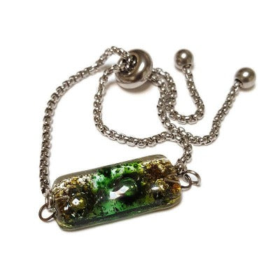 Minimalist, Dainty, Pull Tie bracelet. Adjustable slider bracelet with recycled glass charm. Stainless Steel. Organic brown green color.