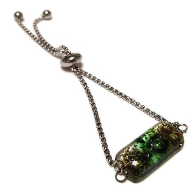Minimalist, Dainty, Pull Tie bracelet. Adjustable slider bracelet with recycled glass charm. Stainless Steel. Organic brown green color.