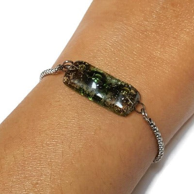 Minimalist, Dainty, Pull Tie bracelet. Adjustable slider bracelet with recycled glass charm. Stainless Steel. Organic brown green color.