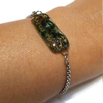 Minimalist, Dainty, Pull Tie bracelet. Adjustable slider bracelet with recycled glass charm. Stainless Steel. Organic brown green color.