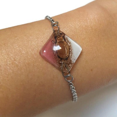 Pink, Brown and White Dainty, Pull Tie bracelet. Adjustable slider bracelet with recycled glass bead. Stainless Steel Chain Slider Bracelet