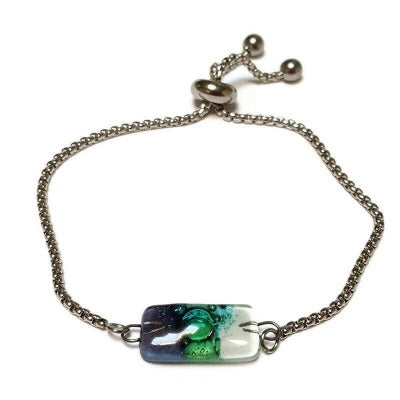 Simple and Minimalist, Dainty, Pull Tie bracelet thin Adjustable sliding bracelet with recycled glass charm. Green Slider Bracelet.