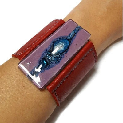 Wide Leather Cuff. Deep Red soft Leather Bracelet. Recycled glass Bracelet. Blue and purple bead. Silver metallic bubbles. Statement  cuff