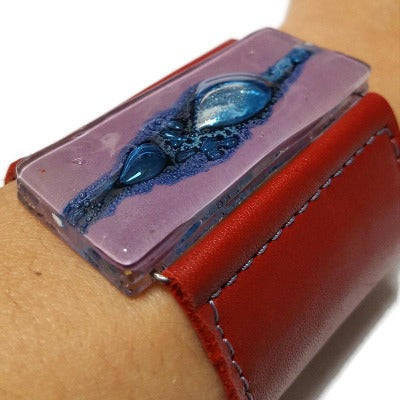 Wide Leather Cuff. Deep Red soft Leather Bracelet. Recycled glass Bracelet. Blue and purple bead. Silver metallic bubbles. Statement  cuff