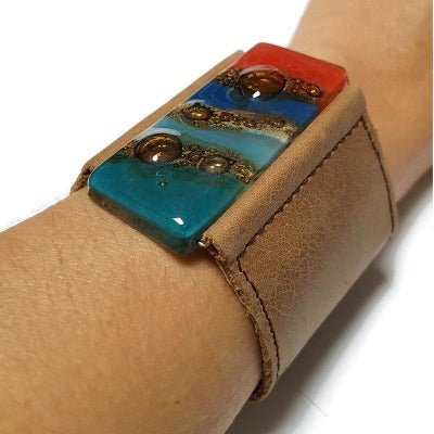 Wide Leather Cuff. Blue Leather Bracelet. Blue red and Teal Recycled glass and light brown soft leather Bracelet. Ecofashion holiday gifts