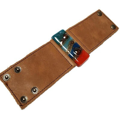 Wide Leather Cuff. Blue Leather Bracelet. Blue red and Teal Recycled glass and light brown soft leather Bracelet. Ecofashion holiday gifts