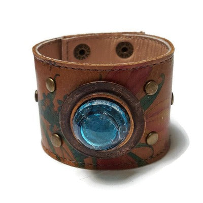 Floral Reclaimed Leather Wide Cuff Bracelet. Fused Glass and Leather Wrist band. Unique eco fashion jewelry, Turquoise glass bead w bubbles!