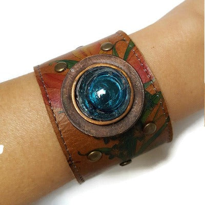 Floral Reclaimed Leather Wide Cuff Bracelet. Fused Glass and Leather Wrist band. Unique eco fashion jewelry, Turquoise glass bead w bubbles!