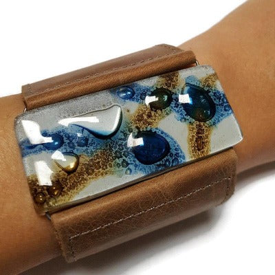 Wide Leather Cuff. Blue, white and brown glass bead light brown Leather Bracelet. Recycled glass Bracelet. Statemen Eco friendly jewelry