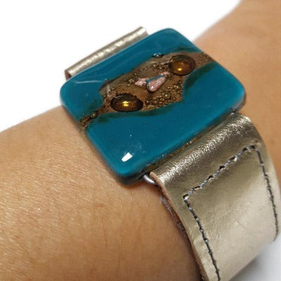 Metallic Leather Cuff with Teal brown color Recycled Fused Glass Bead. Awesome statement cuff. Eco-friendly holiday gift. Handcrafted cuff