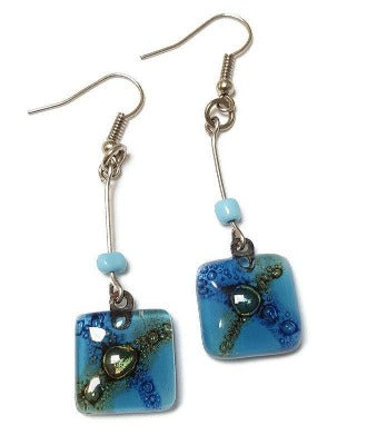 Long baby blue and Brown Recycled Fused glass fun casual earrings. Glass handcrafted beads. Great gifts for her.