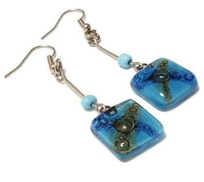 Long baby blue and Brown Recycled Fused glass fun casual earrings. Glass handcrafted beads. Great gifts for her.