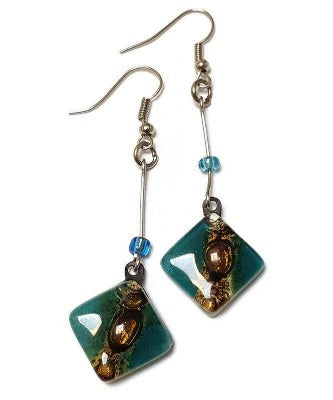 Long Teal Diamond Shaped Recycled fused glass earrings. Casual contemporary jewelry. Eco Fashion for women.