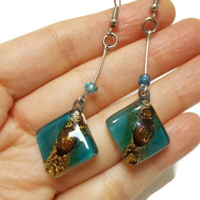 Long Teal Diamond Shaped Recycled fused glass earrings. Casual contemporary jewelry. Eco Fashion for women.