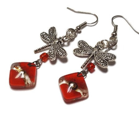 Dragonfly Recycled Glass Dangle Earrings. Handcrafted fused beads. Long Red and brown drops. Best gift!