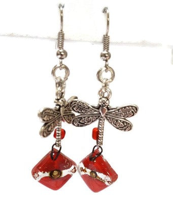 Dragonfly Recycled Glass Dangle Earrings. Handcrafted fused beads. Long Red and brown drops. Best gift!