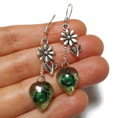 Flower Green Recycled Glass Dangle Earrings. Handcrafted fused heart beads. Long sunflower drops. Best gift! Casual jewelry